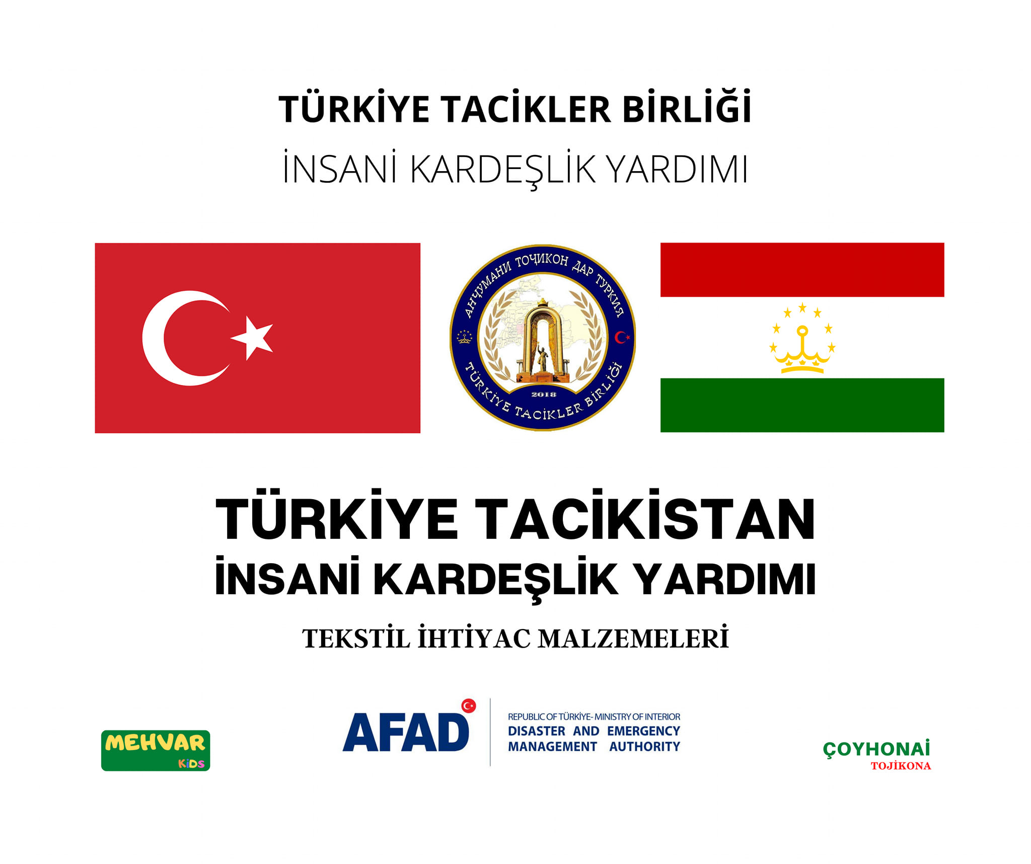 Bir bir veya daha fazla kişi ve şunu diyen bir yazı 'TÜRKİYE TACİKLER BİRLİĞİ İNSANİ KARDEŞLİK YARDIMI #p To4иKoH Aap TypKa M ΡΟΟΚΣ TACİKLER TÜRKİYE TACİKİSTAN İNSANİ KARDEŞLİK YARDIMI TEKSTİL İHTİYAC MALZEMELERİ MEHVAR REPUBLICOFTÜRKİYE DISASTER AND EMERGENCY AFAD ÇOYHONAI TOJIKONA' görseli olabilir